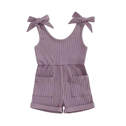 Fernvia Toddler Baby Girl Summer Clothes Sleeveless Ribbed Knitted Jumpsuit Shorts Overalls Baby One Piece Outfit (B Purple, 12-18 Months) - Image 1