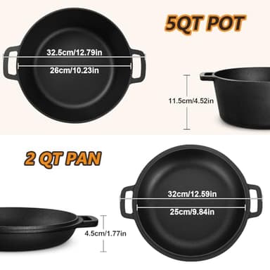 P&P CHEF 5Qt Dutch Oven Pot for Bread Baking (Black), 2 In 1 Round Cast Iron Dutch Oven with Lid Set, Skillet & Pot for Roasting Braising Stewing Frying Simmering, Multi Stoves & Oven Safe - Image 3