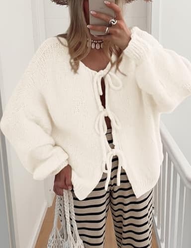 PRETTYGARDEN Women's Tie Front Bow Cardigan Sweaters Chunky Knit Long Puff Sleeve Trendy Fall Winter Jacket Coats (White,Small) - Image 7