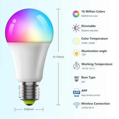 Smart Light Bulbs with Remote, 16Million Colors RGBW Dimmable WiFi Bluetooth Smart Bulbs Led Color Changing Light Bulbs Compatible with Alexa Google Home, A19, E26 9W 800 Lumens Equivalent 60W (4) - Image 3