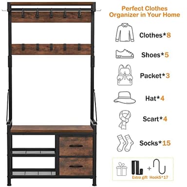 Lulive Hall Tree, 31.5” Entryway Bench with Coat Rack freestanding, 5 in 1 Intelligent Design Shoe Bench and Wall Rack 17 Hooks and Drawers (Rustic Brown) - Image 4