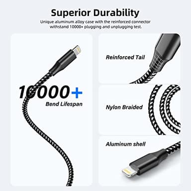 iPhone Charger Fast Charging Cord 3 Pack 10 FT Apple MFi Certified Lightning Cable Nylon Braided iPhone Charger Cord Compatible with iPhone 13 12 11 Pro Max XR XS X 8 7 6 Plus SE iPad and More - Image 5