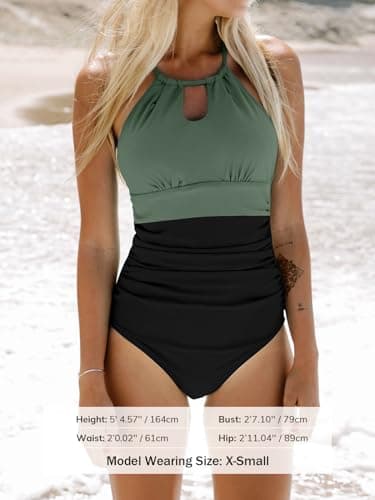 CUPSHE Women Swimsuit One Piece Tummy Control Ruched Lace Up Cutout Color Block Bathing Suit, XS - Image 3