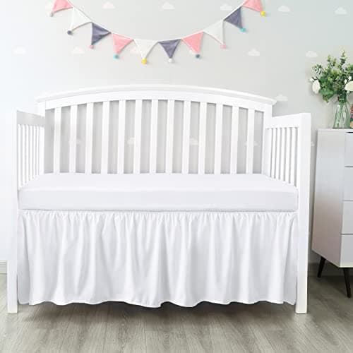 Crib Bed Skirt 28” x 52” with 14” Drop Pleated Dust Ruffle for Baby Boys Girls Elastic Adjustable Fit Toddler Bedskirt Easy On/Off Soft Nursery Standard Crib Bedding Skirts Solid White Crib Skirt - Image 1