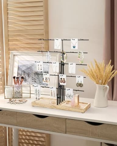 HULISEN Earring Display for Vendors, Adjustable Height Earring Display Stands for Selling, Jewelry Display for Earring Card, Earring Rack Display Holder with Tray, 30 Hooks, Carbonized Brown - Image 7