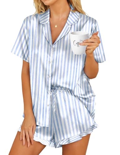 HOTOUCH Womens Silk Satin Pajamas Set Button Down Short Sleeve Sleepwear Set 2 Piece Ruffled Pjs Blue Striped, M - Image 1