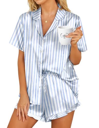 HOTOUCH Womens Silk Satin Pajamas Set Button Down Short Sleeve Sleepwear Set 2 Piece Ruffled Pjs Blue Striped, M - Image 1