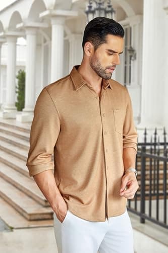 COOFANDY Men's Business Casual Shirt Long Sleeve Button Down Relaxed Fit Shirt Light Brown - Image 3