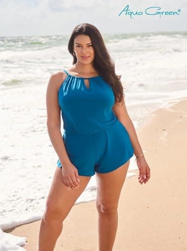 Aqua Green Women's Standard Keyhole Blouson Romper, Lagoon - Image 5