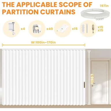 100% Blackout Room Divider Curtains - Total Privacy Curtain Panel, Thermal Insulated Noise Reduction Curtain for Bedroom Windows,Include Ceiling Curtains Track(White, W180 x L96, 1 Pack) - Image 3