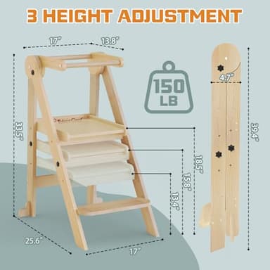 Foldable Toddler Kitchen Stool Helper, Toddler Tower with 3 Adjustable Height, Wooden Toddler Step Stool, Collapsible Toddler Tower, Toddler Stool for Kitchen and Bathroom (Nature) - Image 2