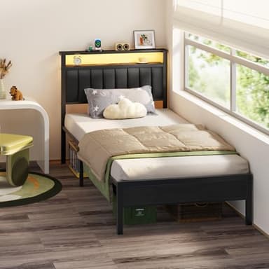 Furnulem Twin Size Bed Frame with Charging Station and LED Lights, Platform Bed with Metal Slats, Grey Upholstered Headboard with 2-Tier Storage Shelves, No Box Spring Needed - Image 7