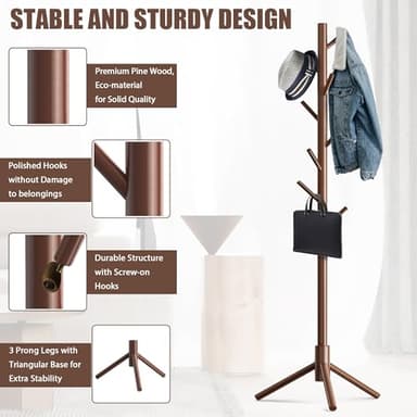 Haddockway Wooden Coat Rack Stand with 8 Hooks New Zealand Pine 3 Adjustable Coat Standing Tree Easy Assembly for Coats, Hats, Scarves and Handbags for Entryway, Hallway, Bedroom, Office - Image 3