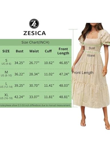 ZESICA Women's 2025 Bohemian Summer Plaid Square Neck Puff Sleeve Ruffle Flowy Beach Midi Dress,Beige,Large - Image 5