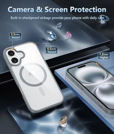 FNTCASE for iPhone 16 Phone Case: Clear Magnetic Military Grade Drop Protection Anti Yellowing Slim Case - Rugged Shockproof Protective Transparent Cell Phone Cover(Gray) - Image 6