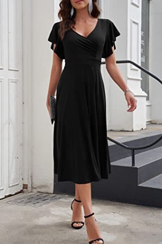 PRETTYGARDEN Summer Midi Dress 2025 Spring Ruffle Sleeve V Neck Cocktail Wedding Guest A Line Fit and Flared Dresses (Black,Small) - Image 4