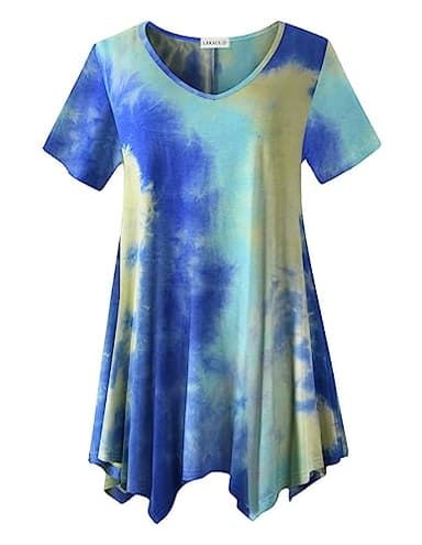 LARACE Tie Dye Shirt Women Casual Tops Plus Size V Neck Blouses Short Sleeve Summer Clothes Flowy Asymmetrical Tee(T04-Blue 1X) - Image 1