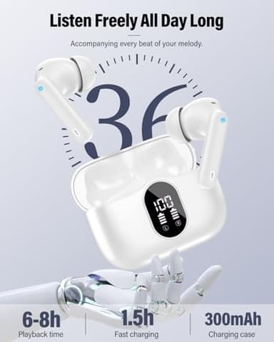 Wireless Earbuds, Bluetooth 5.4 Headphones Bass Stereo, Ear Buds with Noise Cancelling Mic, IP7 Waterproof in Ear Earphones, 36H LED Display Bluetooth Earbuds for Laptop Pad Phones Sports, White - Image 5