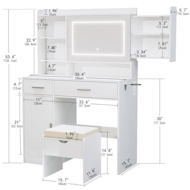Viaozutis Vanity Desk with Mirror and Lights, with Hidden Shelves,4 Compartments,2 Drawers,Cabinet & Stool,Dimmable LED Lights,Power Outlets, Ideal for Bedroom Vanity Organization(White) - Image 7