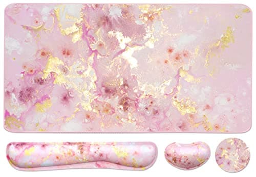 Keyboard Mouse Pad Set, Extended Mouse Pad+Keyboard Wrist Rest Support, Memory Foam Ergonomic Easy Typing, 3Pcs (35.4×15.7 in) Desk Pad Set for Home Office Study Game- Pink Gold Marble - Image 1