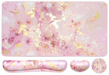 Keyboard Mouse Pad Set, Extended Mouse Pad+Keyboard Wrist Rest Support, Memory Foam Ergonomic Easy Typing, 3Pcs (35.4×15.7 in) Desk Pad Set for Home Office Study Game- Pink Gold Marble - Image 1