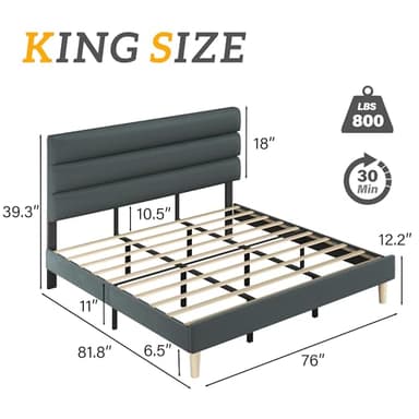 Fluest King Bed Frame, Platform Bed with Velvet Upholstered Headboard, No Box Spring Needed, Sturdy Metal Support, Noise Free, Easy Assembly, Mattress Foundation, Modern Bedroom Furniture, Grey - Image 2
