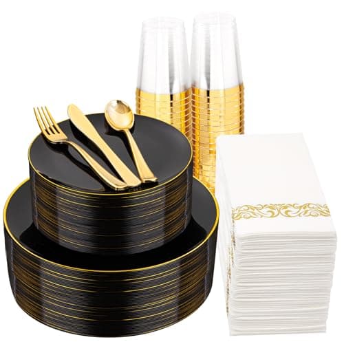 Supernal 350pcs Black & Gold Plastic Dinnerware Set, Elegant Black Plates with Golden Edges, Gold Plastic Silverware, Durable Tableware Perfect for Birthdays, Parties, Wedding, Celebration - Image 1
