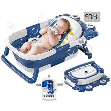 Collapsible Baby Bathtub for Newborns to Toddler with Real-time Temp Monitor & Floating Cushion,Portable Travel Tub for 0-36 Month, Foldable Baby Bath Tub for Infants Boy (Blue) - Image 1