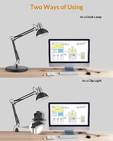 LEPOWER Metal Desk Lamp, Adjustable Goose Neck Architect Table Lamp with On/Off Switch, Swing Arm Desk Lamp with Clamp, Eye-Caring Reading Lamp for Bedroom, Study Room &Office (Black) - Image 3