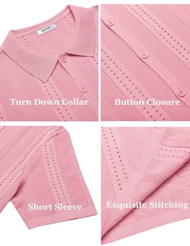 COOFANDY Men's Short Sleeve Shirts Knit Button Down Polo Shirt Casual Summer Beach Tops Light Pink - Image 6