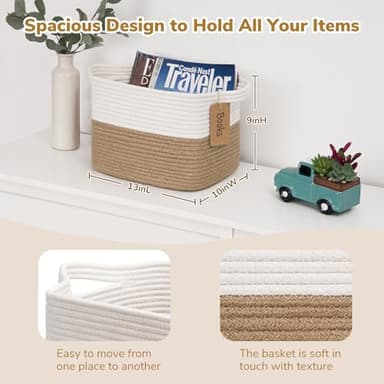 Goodpick Woven Storage Baskets for Organizing, Dog Toy Basket Medium Empty Gift Basket with Handles, Square Wicker Basket, White and Jute Storage Bin, 13.5 x 11 x 9.5 Inches - Image 3