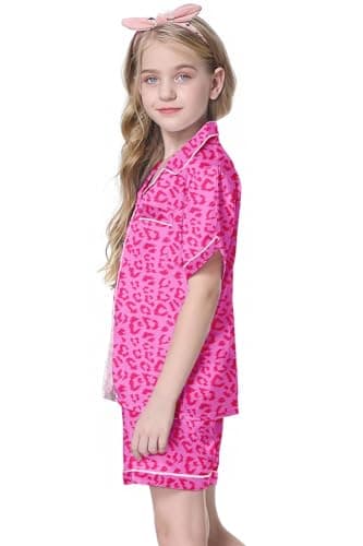 Women Silk Pajamas Sets Satin Button Up Pajama Silky Summer Sleepwear Pjs Set, Hot Pink Leopard, Medium - Image 3