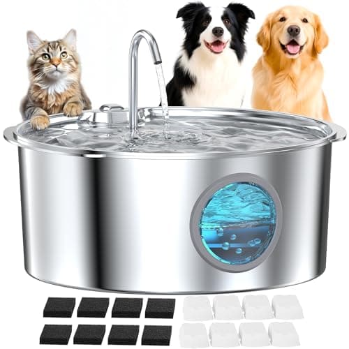 Large Dog Fountain Water Bowl: Sliver Big Cat Water Fountain Stainless Steel - 3.2Gal/406oz/12L Noiseless Giant Dog Fountains -GROOKPET Pet Suppiles for Multi-Pet Home - Contain 8 Filters + 8 Sponges