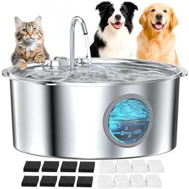 Large Dog Fountain Water Bowl: Sliver Big Cat Water Fountain Stainless Steel - 3.2Gal/406oz/12L Noiseless Giant Dog Fountains -GROOKPET Pet Suppiles for Multi-Pet Home - Contain 8 Filters + 8 Sponges