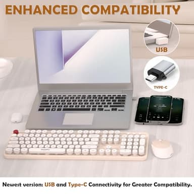 Cream Wireless Keyboard Mouse, COOFUN 104 Keys Full Size White Keyboard Ergonomic Cordless Keyboards Cute Colorful Retro Typewriter Key Board for Windows, PC, Laptop, Desktop (Creamy) - Image 7