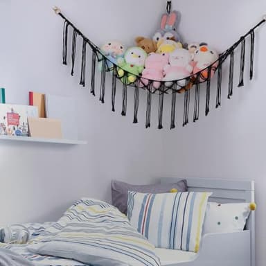 Stuffed Animal Hammock Corner, Hand-knitted Large Plushie Net Toy Hammock with Wooden Rings | Boho Cute Stuff Animal Storage for Nursery & Bedroom | Mesh Kids Toy Organizer Holder Nursery Room Decor - Image 2