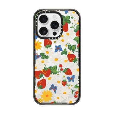 CASETiFY Impact iPhone 16 Pro Case [Slim / 8.2 ft. 4X Military Grade Drop Protection/Wireless Charging Compatible] - Strawberry Daisy - Clear Black - Image 1