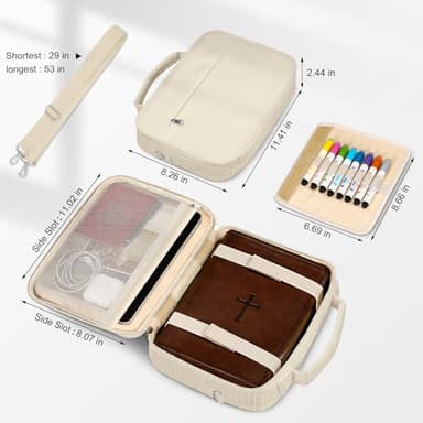 FINPAC Large Bible Cover w/Shoulder Strap, Carrying Book Case Church Bag Bible Protective w/Pen Slots and Zippered Pocket, Gift for Women Lady, Corduroy Beige - Image 4
