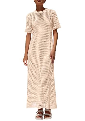 PRETTYGARDEN Womens Eyelet Cover Up Dress 2025 Summer Vacation Resort Maxi Dresses Beach Short Sleeve Hollow Out Sundress (Apricot,Small) - Image 1