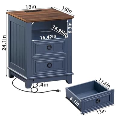 Joaxswe 18" Farmhouse Night Stands Set of 2 with Charging Station, 2 Drawers End Table Dresser for Bedroom, Blue Wooden Nightstand, Bed Side Table with Open Shelf, Bedside Cabinet for Living Room - Image 5