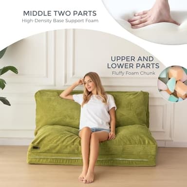 MAXYOYO Bean Bag Bed Folding Sofa Bed Floor Mattress for Adults, Extra Thick and Long Floor Sofa with Corded Washable Cover, Green, 30x95 Inch - Image 4