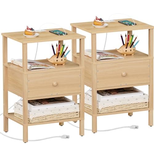 Lerliuo Nightstand Set of 2 with Charging Station and USB Ports, 3-Tier Storage End Table with Drawer Shelf, Night Stand for Small Spaces, Wood Bedside Table for Living Room, Bedroom - Natural Wood - Image 1