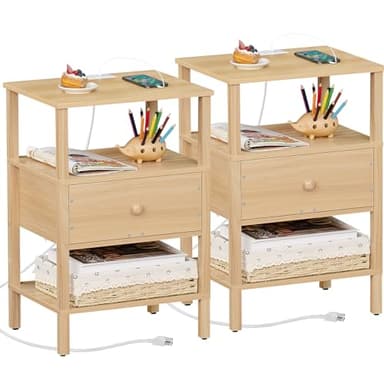 Lerliuo Nightstand Set of 2 with Charging Station and USB Ports, 3-Tier Storage End Table with Drawer Shelf, Night Stand for Small Spaces, Wood Bedside Table for Living Room, Bedroom - Natural Wood - Image 1