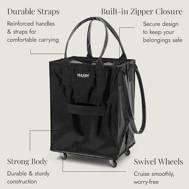 (Medium, Black) Reusable Grocery Bag On Wheels, Shopping Trolley, Rolling Tote, Zipper Closure, Lightweight, Carries Up to 66 lb, Folds Flat, Unbreakable Handles - Image 7