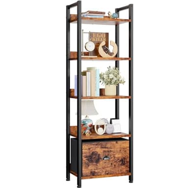 Furologee 5 Tier Bookshelf with Drawer, Tall Narrow Bookcase with Shelves, Wood and Metal Bookshelves Storage Organizer, Industrial Display Standing Shelf Unit for Bedroom, Living Room, Rustic Brown - Image 1