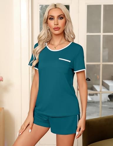 Ekouaer Pajama Set for Women 2 Piece Lounge Set Short Sleeve Tops and Shorts Soft Sleepwear, Chest Pocket Blue Green - Image 3