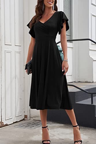 PRETTYGARDEN Summer Midi Dress 2025 Spring Ruffle Sleeve V Neck Cocktail Wedding Guest A Line Fit and Flared Dresses (Black,Small) - Image 7
