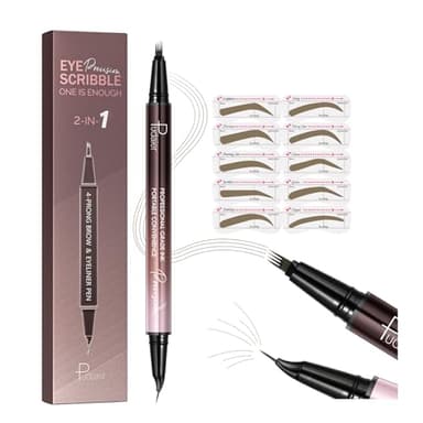 Pudaier 2-in-1 Curved Eyebrow Pen & Eyeliner with 10Pcs Brow Stencils, Microblading Eyebrow Pencil, Waterproof & Long Lasting, Truffle - Image 1