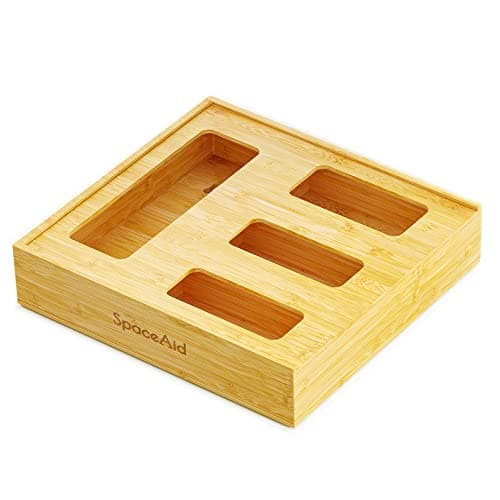 SpaceAid Bag Storage Organizer for Kitchen Drawer, Bamboo Organizer, Compatible with Gallon, Quart, Sandwich and Snack Variety Size Bag (1 Box 4 Slots, Natural, 2" High) - Image 1