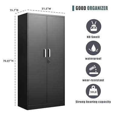 Approgreent Metal Storage Cabinet with Adjustable Shelves, Garage Cabinet with 2 Lockable Doors, Garage Storage Cabinet, Kitchen Pantry Cabinet - 71'H, Black - Image 3